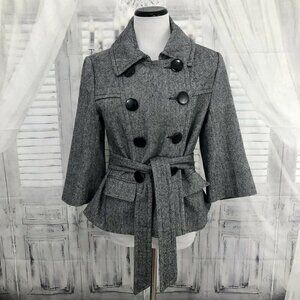 Cato Small Gray Peacoat Double Breasted Coat Belted Wool 3/4 Sleeve Pockets